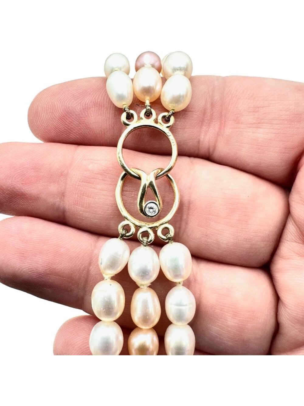 14K Gold Diamond Clasp Womens Multi Strand Pearl Estate Necklace Original Box